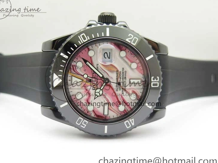 MiroTime 0201 Soft Submariner 40mm Black Ceramic 5GF Best Edition Pink Painting Dial on Black Rubber Strap SA 2472